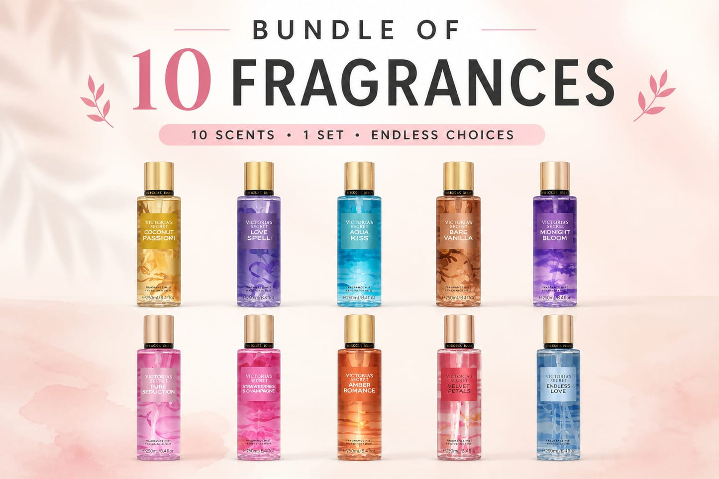 Victoria's Secret Body Mist - 250 ml (Bundle of 10 Fragrances) - Perfect for Gifting !