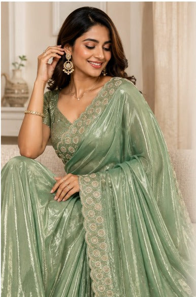PREORDER / NOTIFY WHEN AVAILABLE- Luxury Sage Green Fendi Space Silk Saree – Jarkhan Embellished Edition