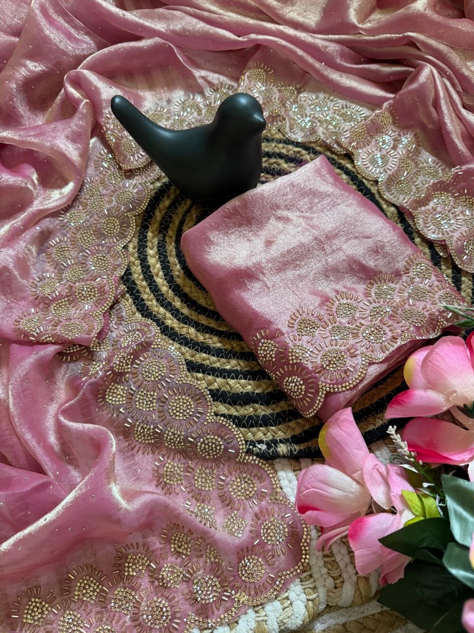 PREORDER / NOTIFY WHEN AVAILABLE  - Luxury Dusty Rose Fendi Space Silk Saree – Jarkhan Embellished Edition