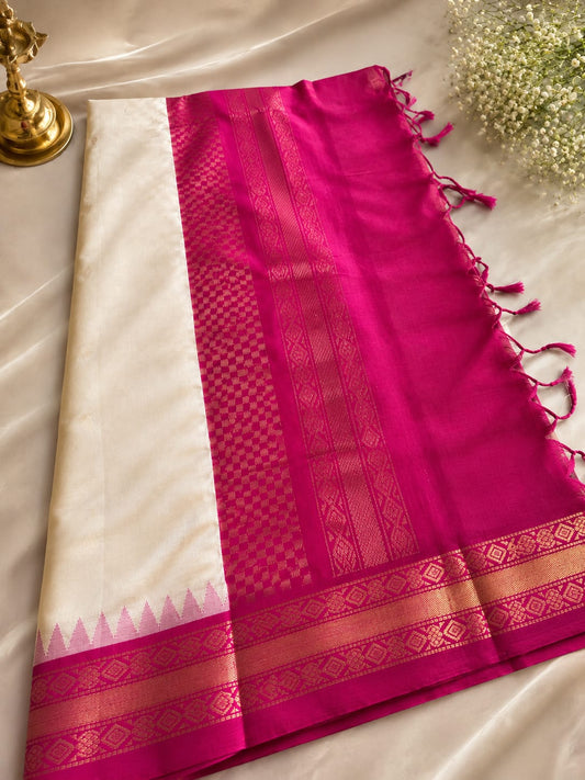 AVAILABLE SG STOCK - Korvai Handloom Silk Cotton Saree – Cream & Pink Gold Border