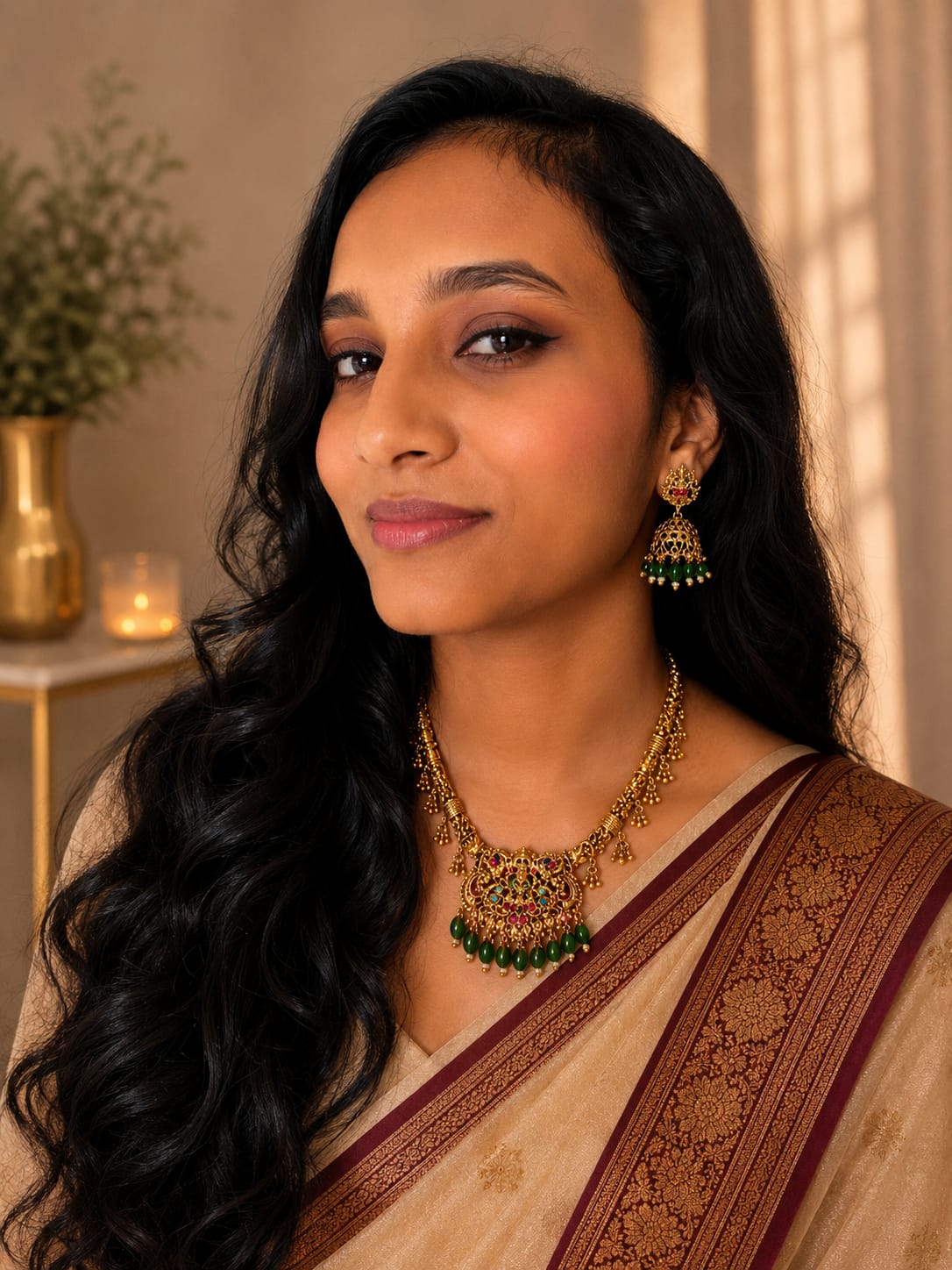 Temple Lakshmi Green Stone Premium Necklace Set