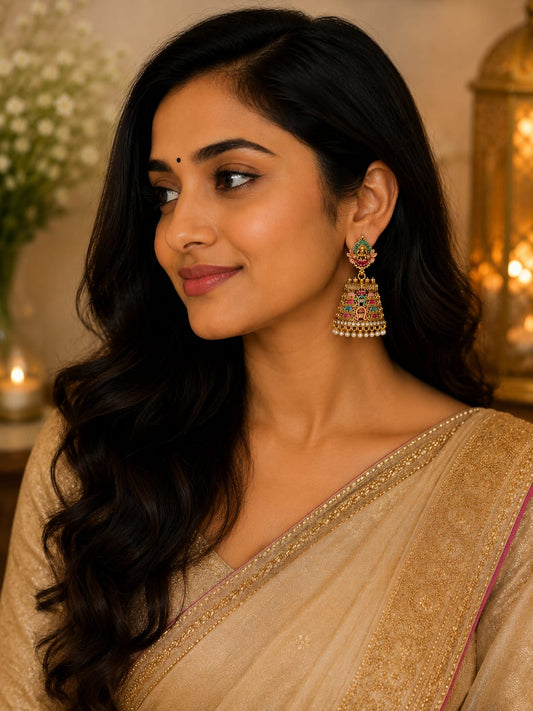 Colorful Temple Jhumka Earrings – Antique Gold Festive Design