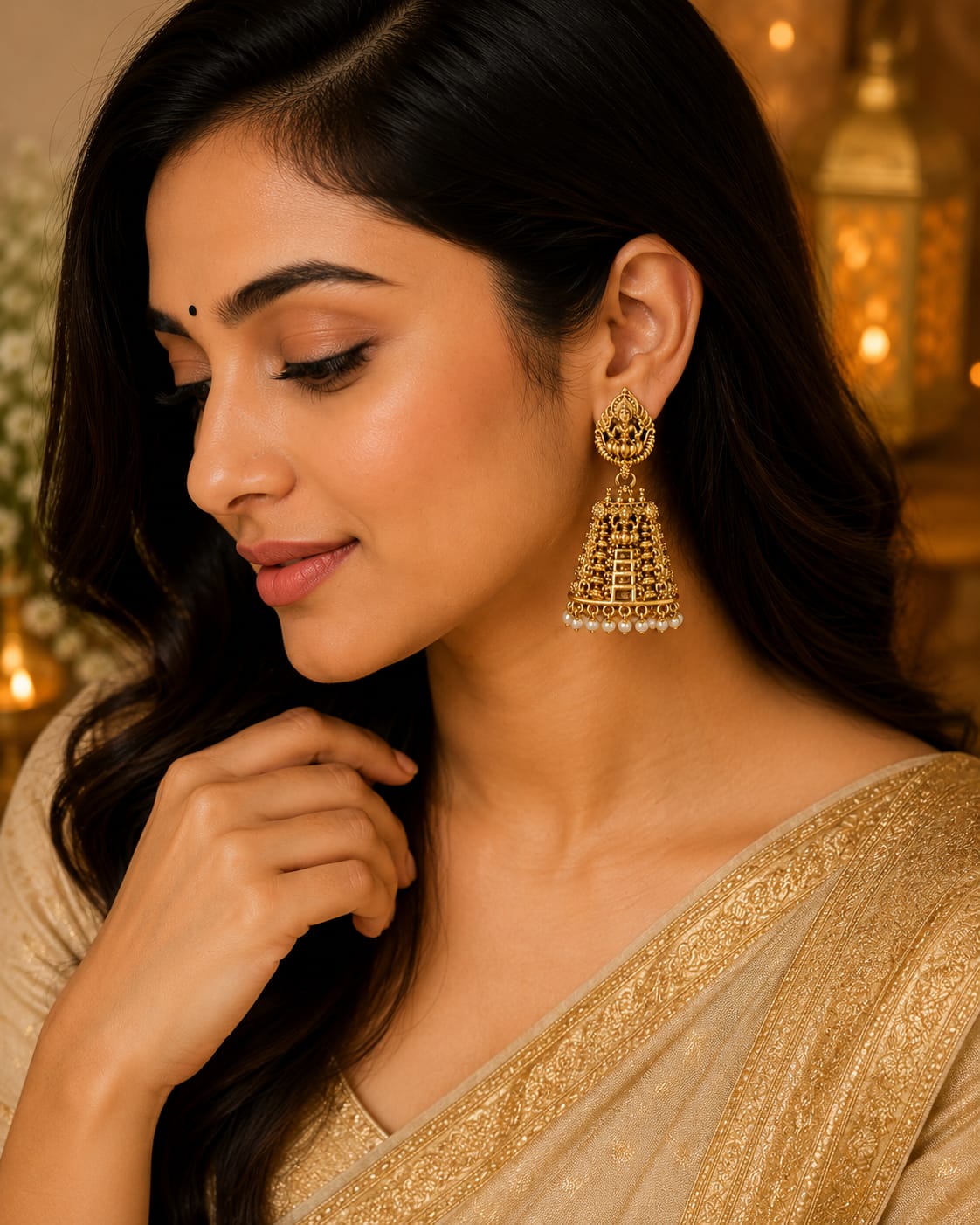 Available SG Stock- Temple Lakshmi Jhumka Earrings – Antique Gold Pearl Drop Design