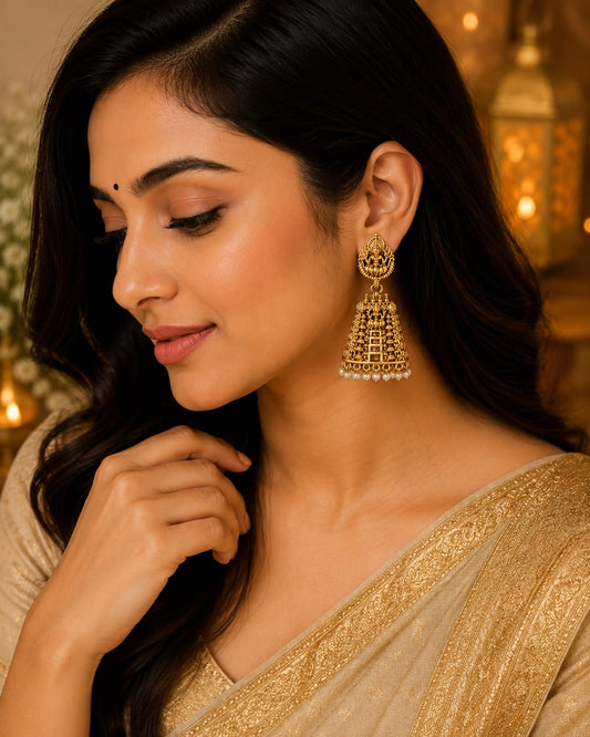 Available SG Stock- Temple Lakshmi Jhumka Earrings – Antique Gold Pearl Drop Design