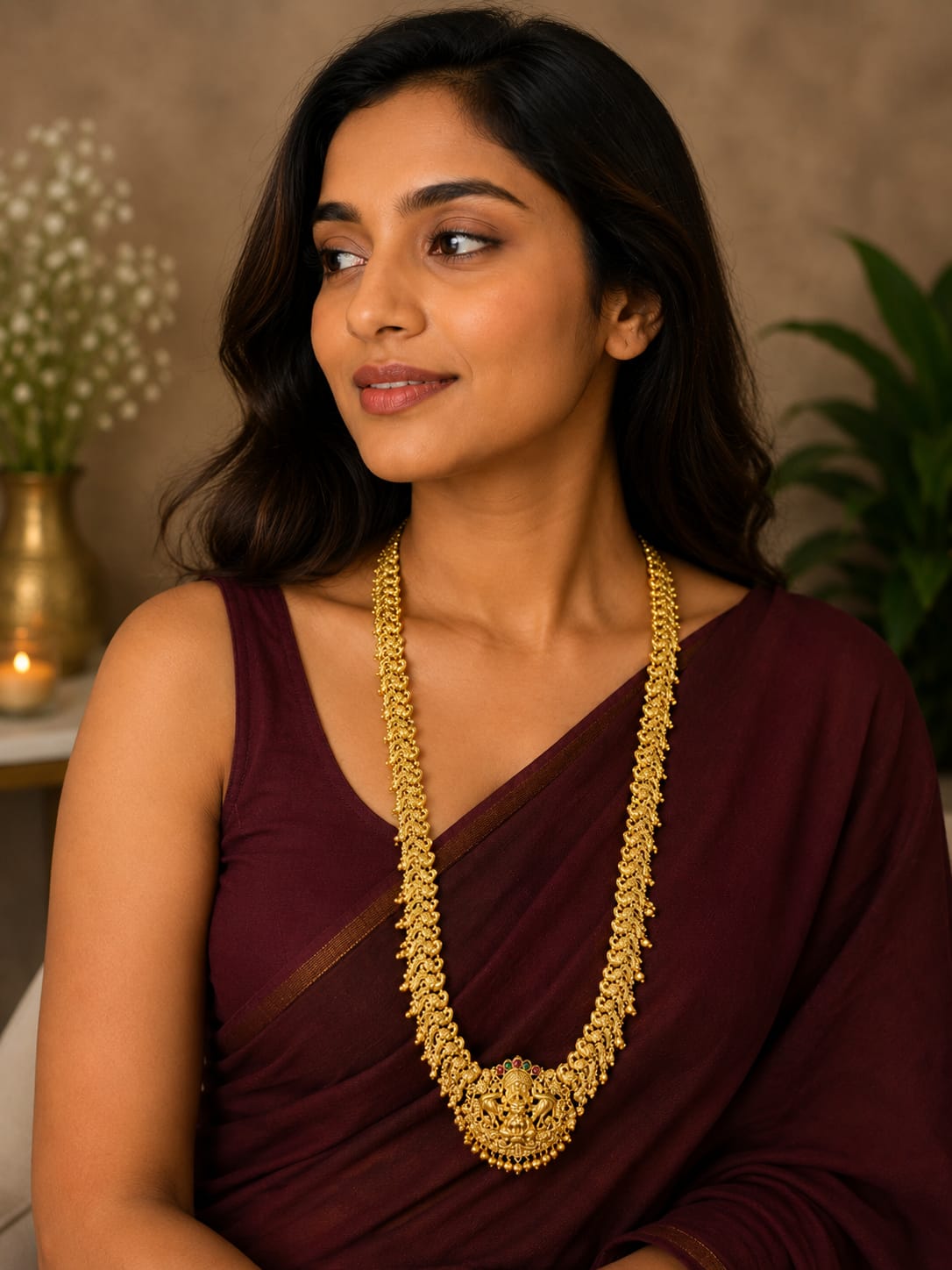 Available SG Stock - Temple Lakshmi Bridal Long Necklace – Antique Gold Finish (No earrings)