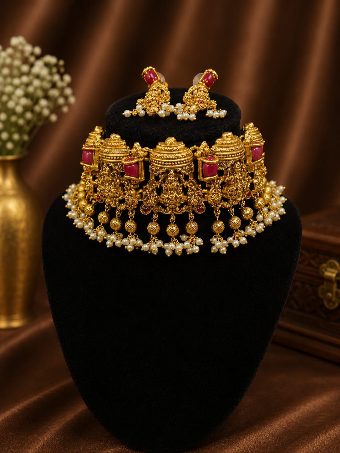 Available SG Stock- Premium Lakshmi Temple Antique Gold Choker Set – Traditional South Indian Bridal Necklace & Earrings
