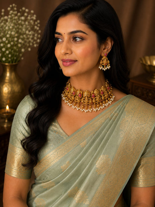 Available SG Stock- Premium Lakshmi Temple Antique Gold Choker Set – Traditional South Indian Bridal Necklace & Earrings