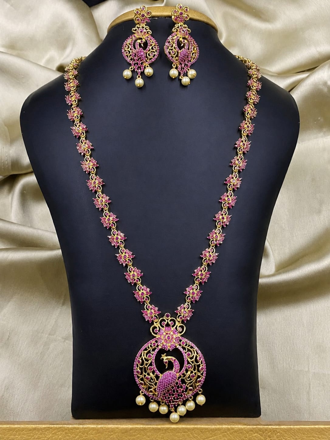 PREORDER / NOTIFY WHEN AVAILABLE- Premium Peacock Ruby Pink Long Haram Set – Antique Gold Heritage Necklace & Earrings