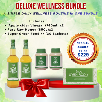 Deluxe Wellness Bundle - ACV, Pure Raw Honey & Super Green Food