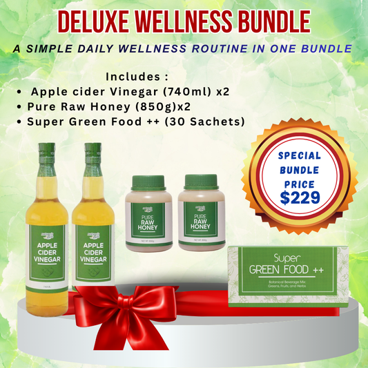 Deluxe Wellness Bundle - ACV, Pure Raw Honey & Super Green Food