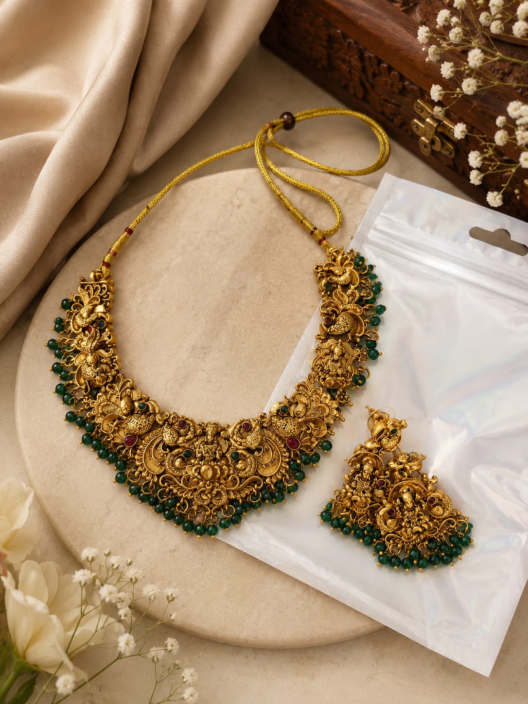 Available SG Stock Lakshmi Peacock Temple Necklace Set – Emerald Green