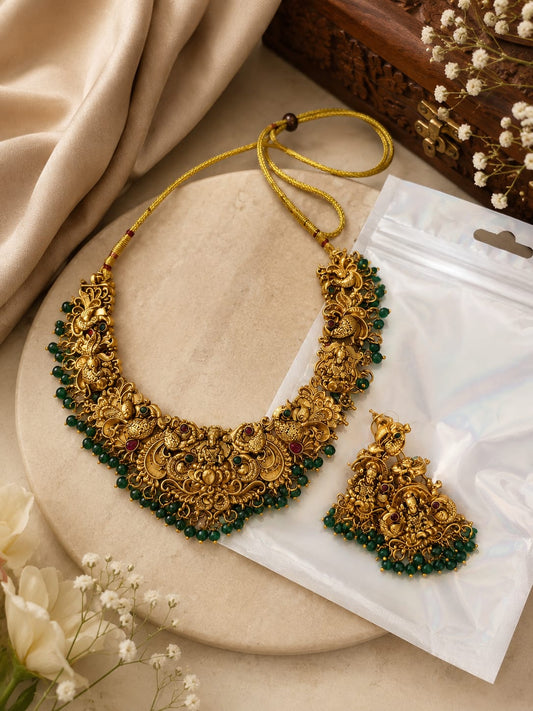Available SG Stock Lakshmi Peacock Temple Necklace Set – Emerald Green
