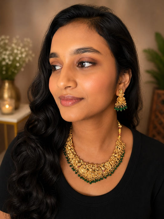 Available SG Stock Lakshmi Peacock Temple Necklace Set – Emerald Green