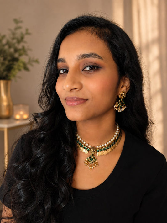 Available SG Stock Lakshmi Emerald Temple Choker Set