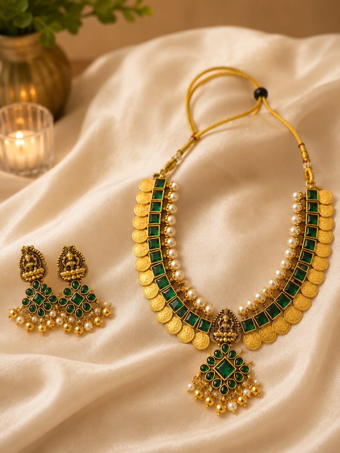 Available SG Stock Lakshmi Emerald Temple Choker Set